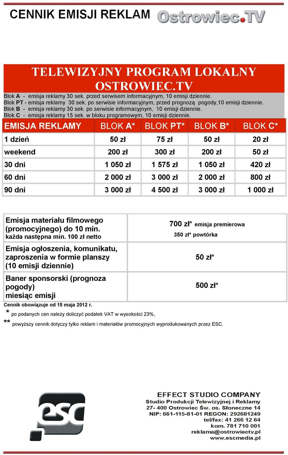 w bloku programowym, 10 emisji dziennie.