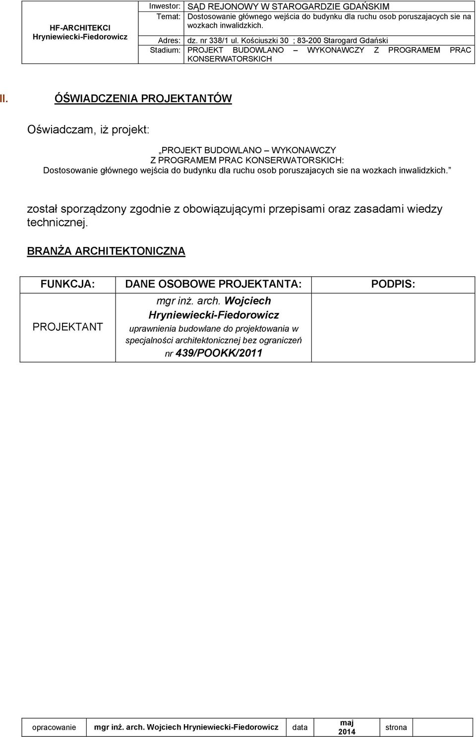 wiedzy technicznej. BRANŻA ARCHITEKTONICZNA FUNKCJA: DANE OSOBOWE PROJEKTANTA: PODPIS: PROJEKTANT mgr inż. arch.