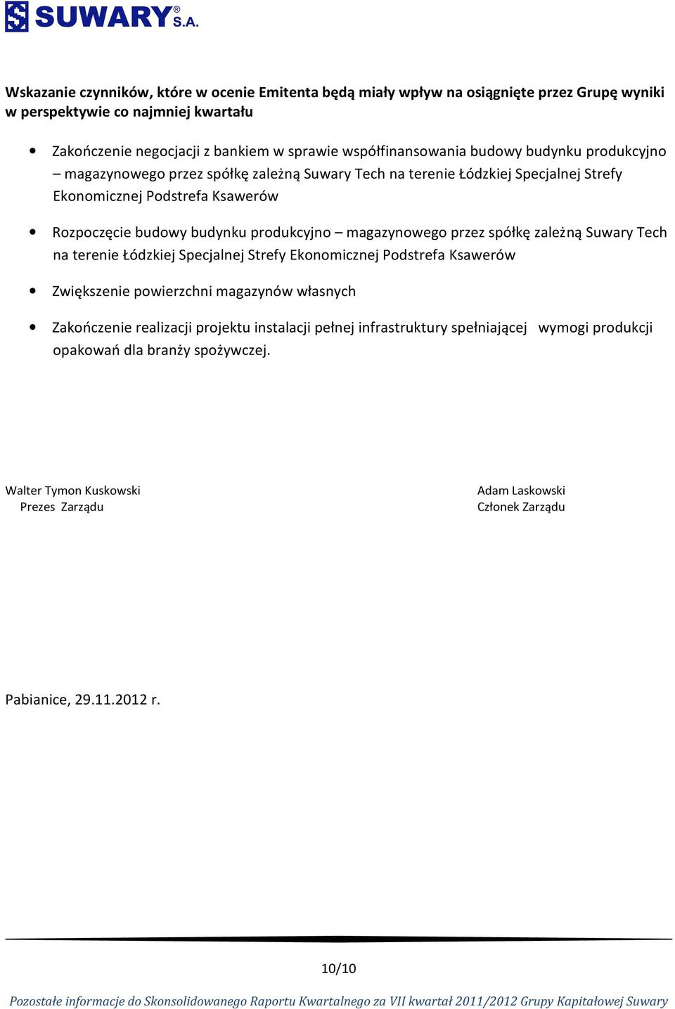 produkcyjno magazynowego przez spółkę zależną Suwary Tech na terenie Łódzkiej Specjalnej Strefy Ekonomicznej Podstrefa Ksawerów Zwiększenie powierzchni magazynów własnych Zakończenie