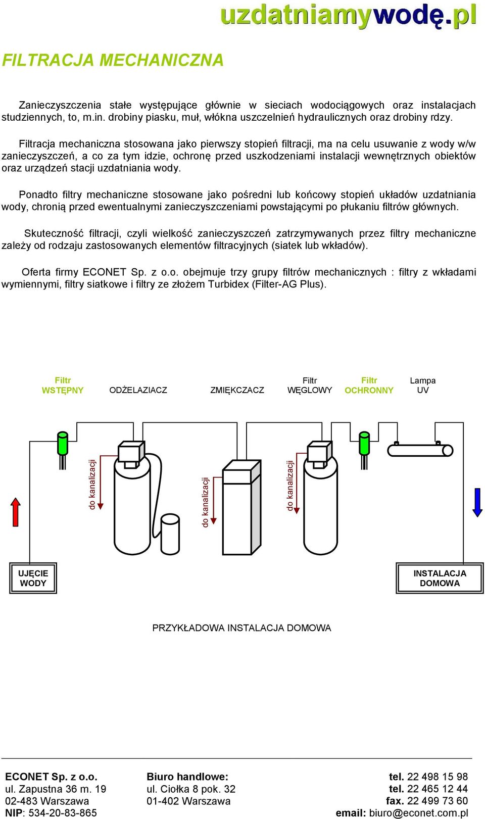 Filtracja mechaniczna stosowana jako pierwszy stopień filtracji, ma na celu usuwanie z wody w/w zanieczyszczeń, a co za tym idzie, ochronę przed uszkodzeniami instalacji wewnętrznych obiektów oraz