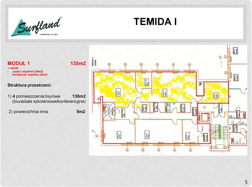 przestrzeni: 1) 4 pomieszczenia biurowe 130m2
