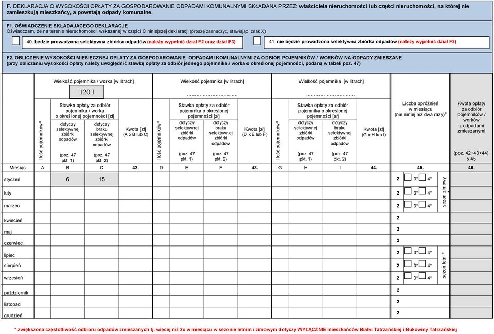 będzie prowadzona selektywna zbiórka (należy wypełnić dział F oraz dział F3) 41. nie będzie prowadzona selektywna zbiórka (należy wypełnić dział F) F.