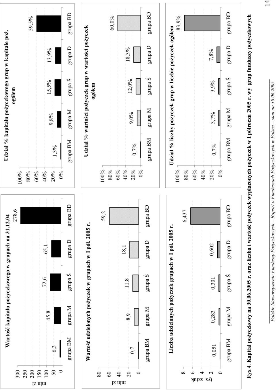 ogółem 1,3% 9,8% 15,5% 13,9% 59,5% grupa BM grupa M grupa Ś grupa D grupa BD 80 60 40 20 0 Wartość udzielonych pożyczek w grupach w I pół. 2005 r.