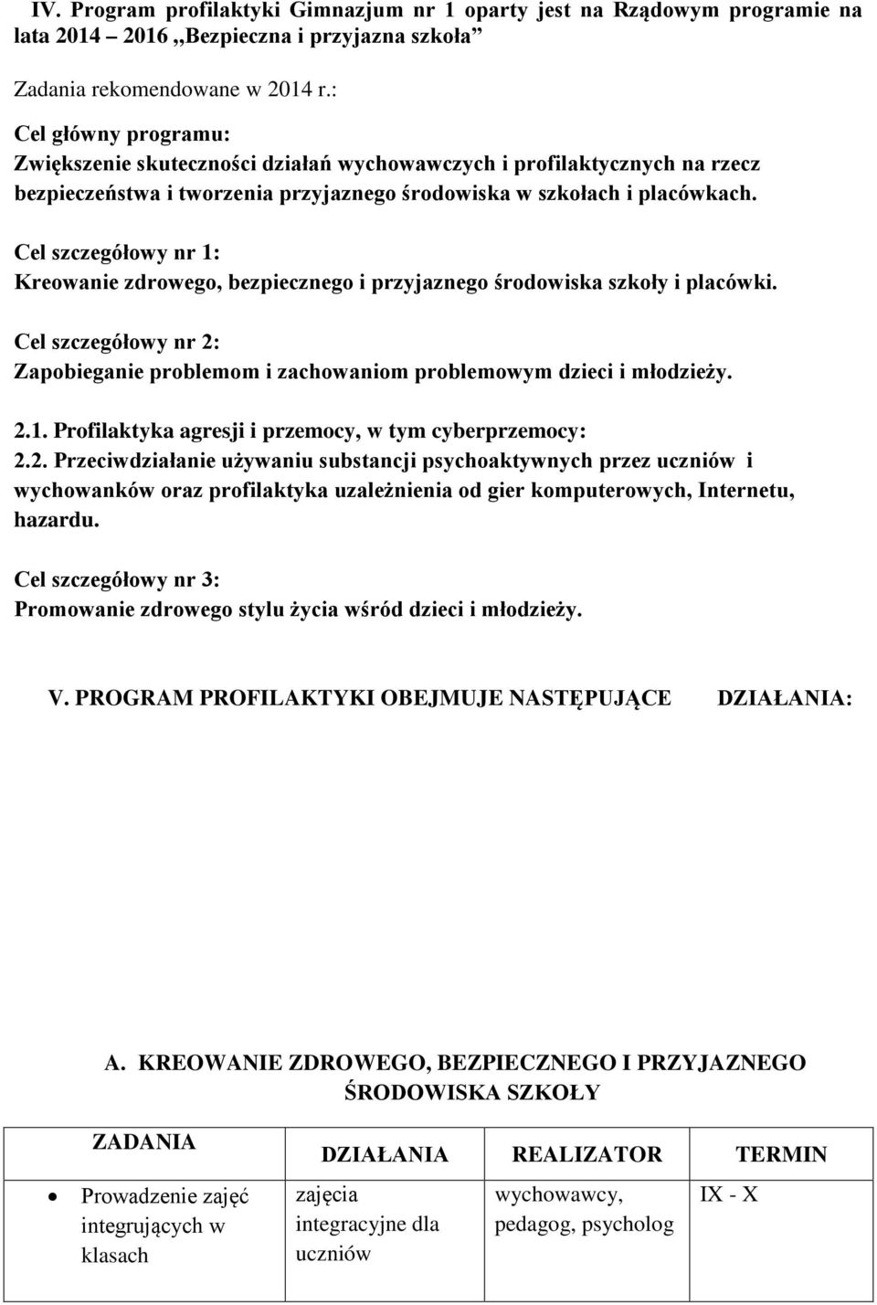 Cel szczegółowy nr 1: Kreowanie zdrowego, bezpiecznego i przyjaznego środowiska szkoły i placówki. Cel szczegółowy nr 2: Zapobieganie problemom i zachowaniom problemowym dzieci i młodzieży. 2.1. Profilaktyka agresji i przemocy, w tym cyberprzemocy: 2.