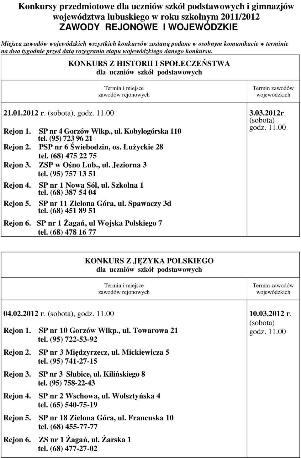 (95) 723 96 21 Rejon 2. PSP nr 6 Świebodzin, os. ŁuŜyckie 28 tel. (68) 475 22 75 Rejon 3. ZSP w Ośno Lub., ul. Jeziorna 3 tel. (95) 757 13 51 Rejon 4. SP nr 1 Nowa Sól, ul. Szkolna 1 tel.