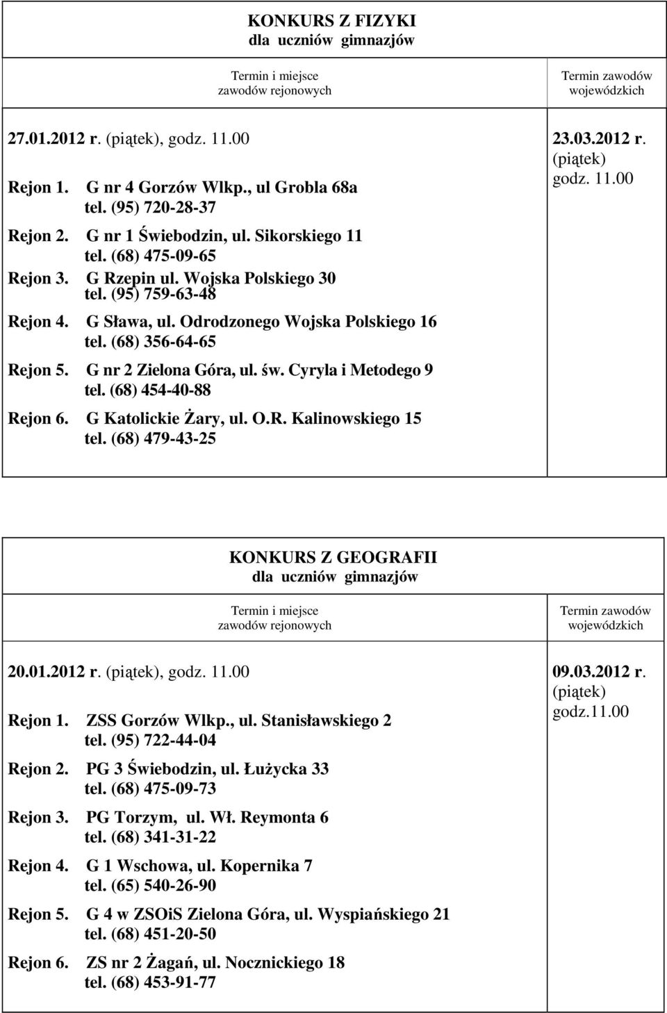G Katolickie śary, ul. O.R. Kalinowskiego 15 tel. (68) 479-43-25 23.03.2012 r. KONKURS Z GEOGRAFII 20.01.2012 r., Rejon 1. ZSS Gorzów Wlkp., ul. Stanisławskiego 2 tel. (95) 722-44-04 Rejon 2.