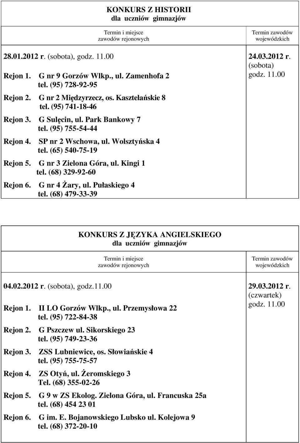 Pułaskiego 4 tel. (68) 479-33-39 24.03.2012 r. KONKURS Z JĘZYKA ANGIELSKIEGO 04.02.2012 r., godz.11.00 Rejon 1. II LO Gorzów Wlkp., ul. Przemysłowa 22 tel. (95) 722-84-38 Rejon 2. G Pszczew ul.