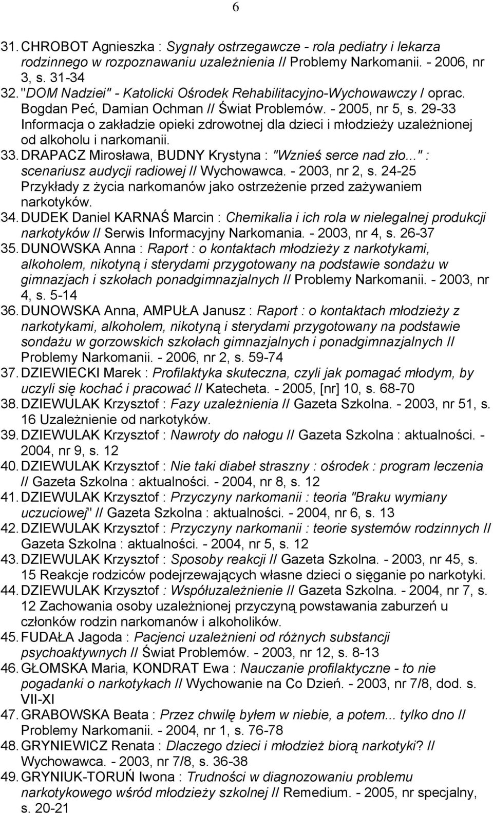 29-33 Informacja o zakładzie opieki zdrowotnej dla dzieci i młodzieży uzależnionej od alkoholu i narkomanii. 33. DRAPACZ Mirosława, BUDNY Krystyna : "Wznieś serce nad zło.
