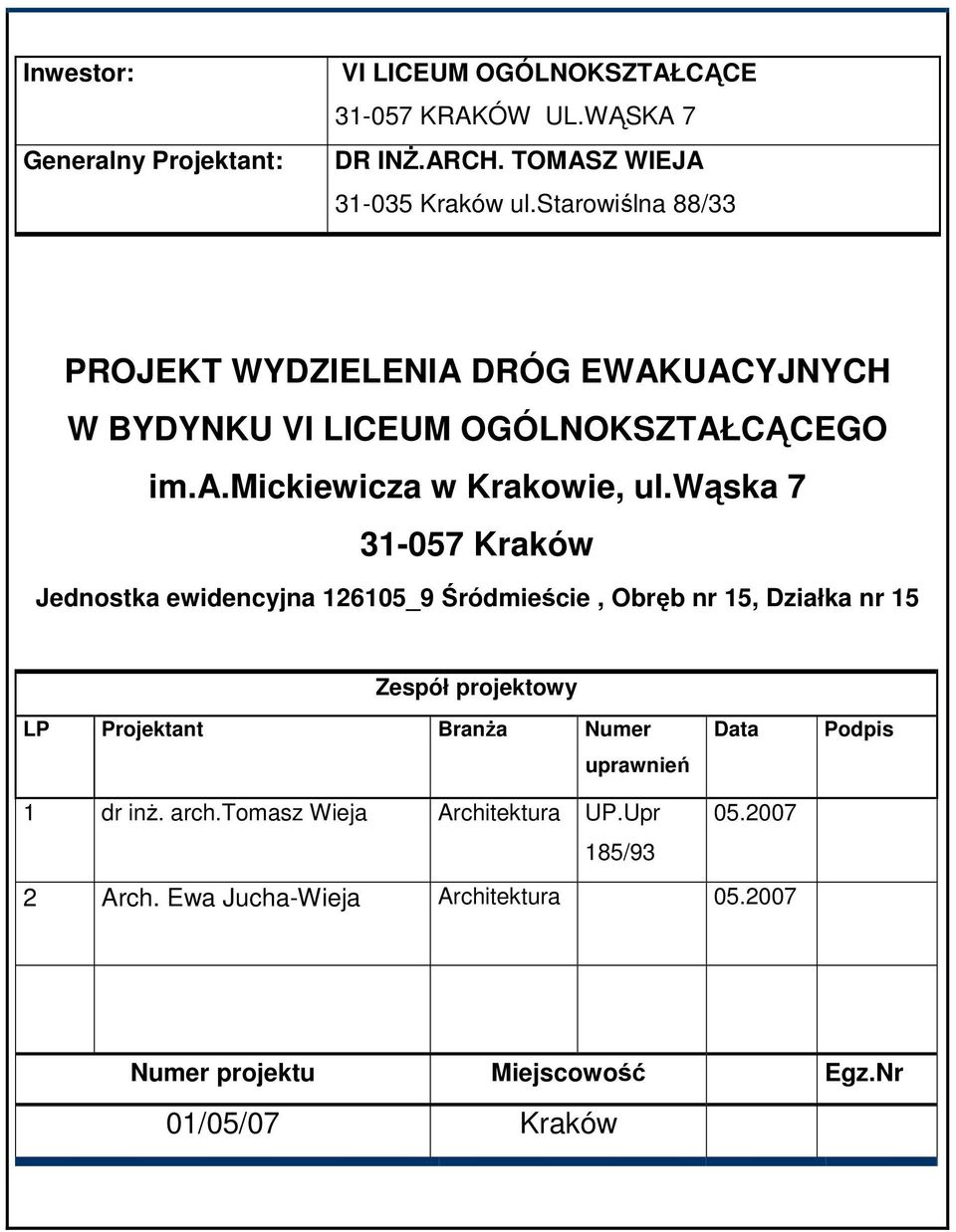 wąska 7 31-057 Kraków Jednostka ewidencyjna 126105_9 Śródmieście, Obręb nr 15, Działka nr 15 Zespół projektowy LP Projektant BranŜa Numer