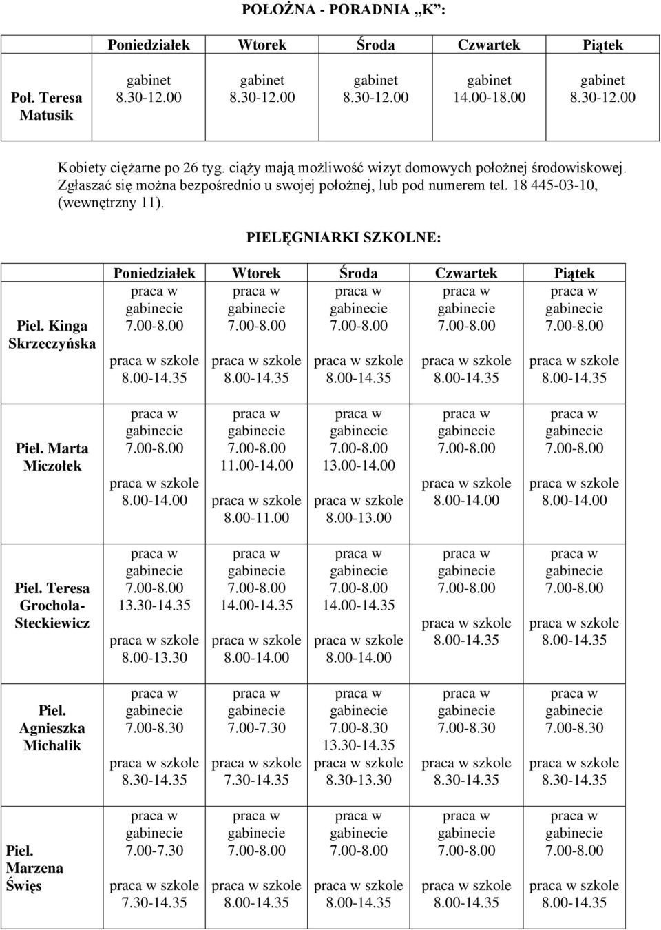 Kinga Skrzeczyńska szkole szkole szkole szkole szkole Piel. Marta Miczołek szkole szkole szkole 8.00-13.00 szkole szkole Piel. Teresa Grochola- Steckiewicz 13.30-14.35 szkole 8.