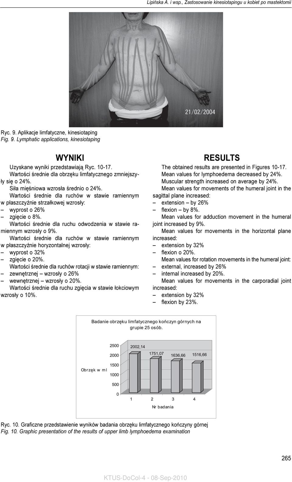 Wartoœci œrednie dla ruchów w stawie ramiennym w p³aszczyÿnie strza³kowej wzros³y: wyprost o 26% zgiêcie o 8%. Wartoœci œrednie dla ruchu odwodzenia w stawie ramiennym wzros³y o 9%.