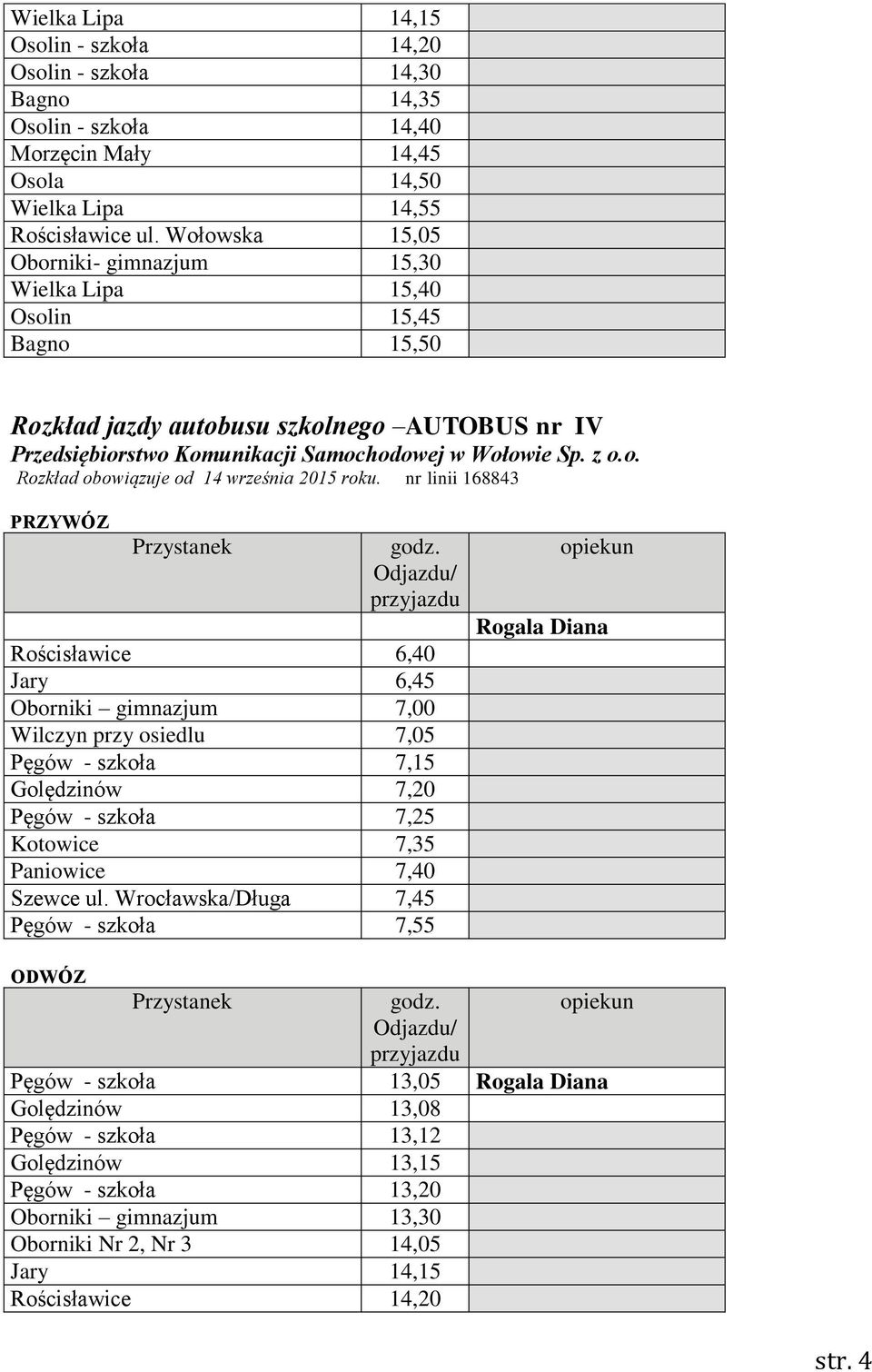 nr linii 168843 Rościsławice 6,40 Jary 6,45 Oborniki gimnazjum 7,00 Wilczyn przy osiedlu 7,05 Pęgów - szkoła 7,15 Golędzinów 7,20 Pęgów - szkoła 7,25 Kotowice 7,35 Paniowice 7,40 Szewce ul.