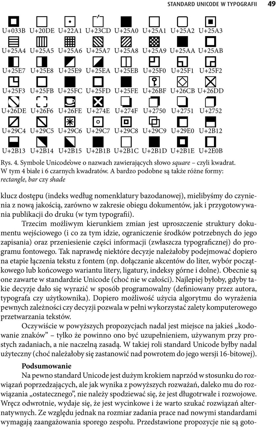 U+2B1B U+2B1C U+2B1D U+2B1E U+2E0B Rys.4.Symbole Unicode owe o nazwach zawierających słowo square czyli kwadrat. W tym 4 białe i 6 czarnych kwadratów.