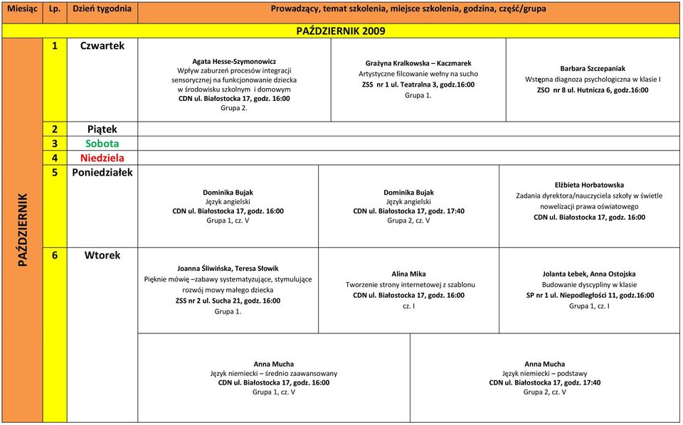 16:00 PAŹDZIERNIK 2 Piątek 3 Sobota 4 Niedziela 5 Poniedziałek 6 Wtorek Grupa 1, cz.