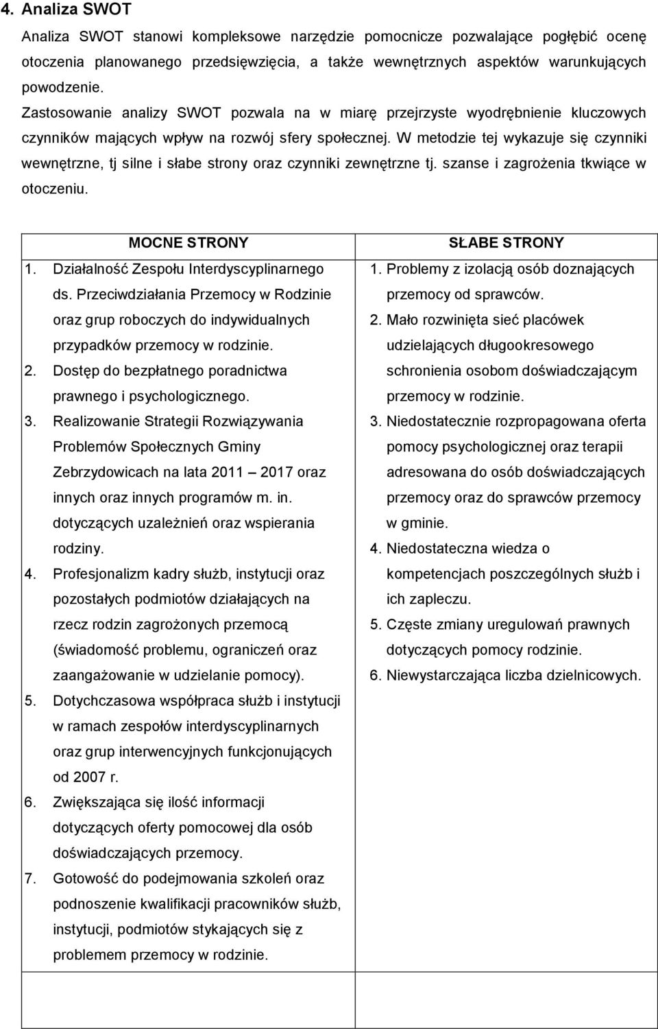 W metodzie tej wykazuje się czynniki wewnętrzne, tj silne i słabe strony oraz czynniki zewnętrzne tj. szanse i zagrożenia tkwiące w otoczeniu. MOCNE STRONY 1.