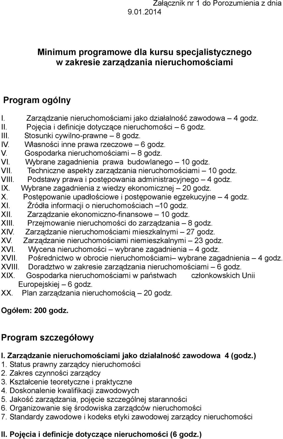 Gospodarka nieruchomościami 8 godz. VI. Wybrane zagadnienia prawa budowlanego 10 godz. VII. Techniczne aspekty zarządzania nieruchomościami 10 godz. VIII.