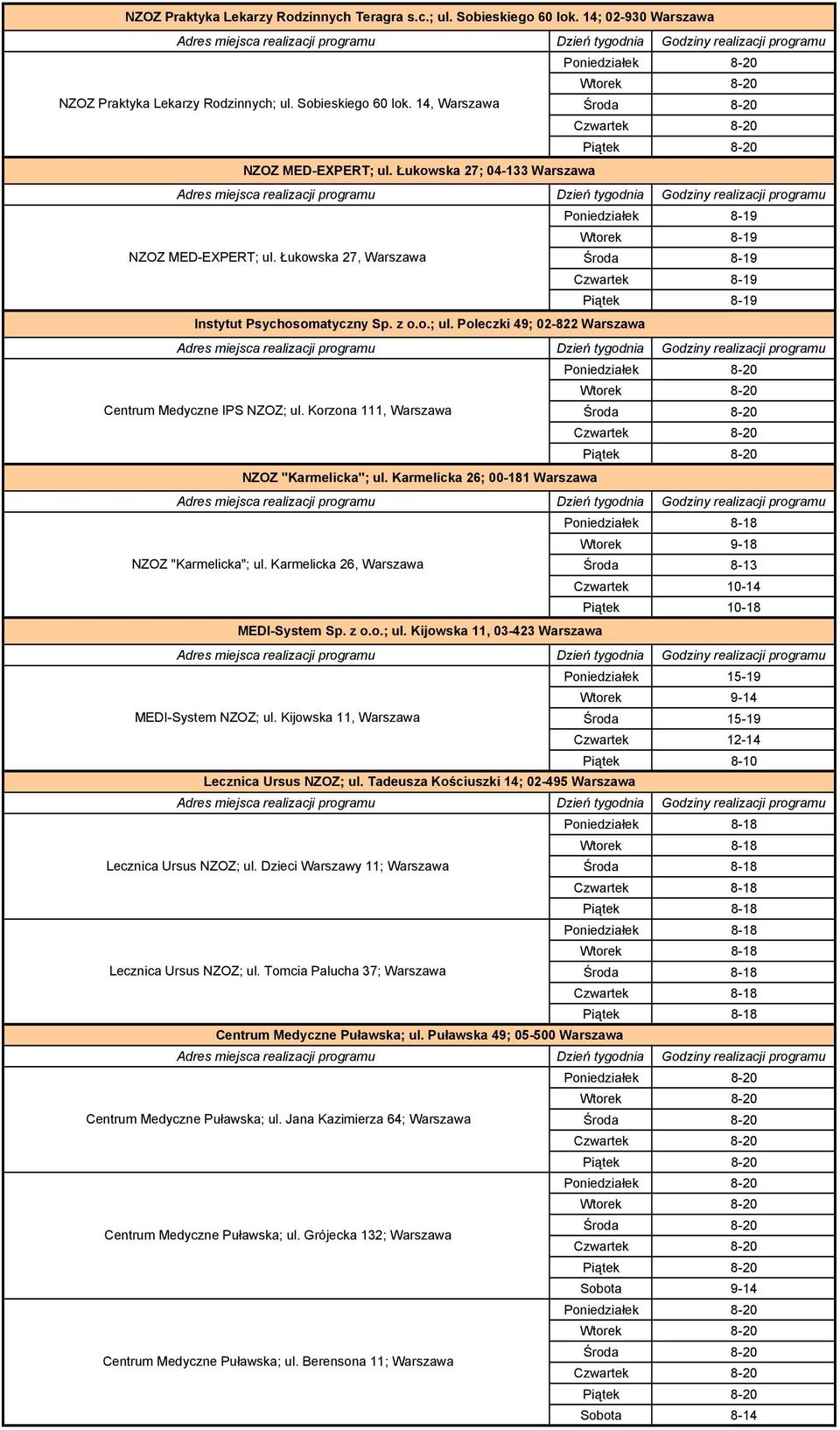 Korzona 111, Warszawa NZOZ "Karmelicka"; ul. Karmelicka 26; 00-181 Warszawa Wtorek 9-18 NZOZ "Karmelicka"; ul. Karmelicka 26, Warszawa Środa 8-13 Czwartek 10-14 Piątek 10-18 MEDI-System Sp. z o.o.; ul. Kijowska 11, 03-423 Warszawa Poniedziałek 15-19 Wtorek 9-14 MEDI-System NZOZ; ul.