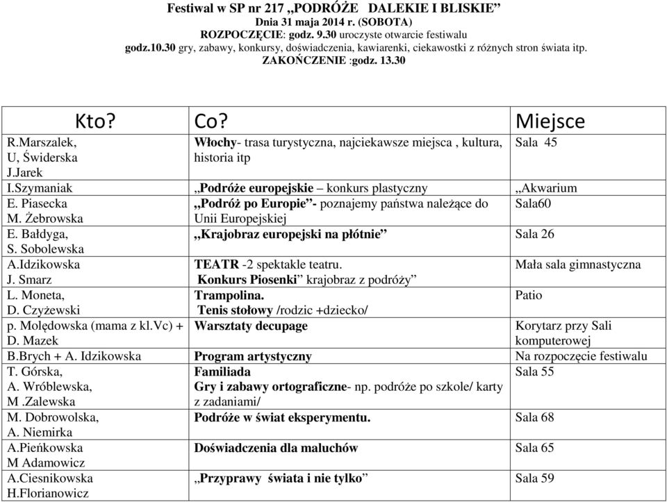 Idzikowska TEATR -2 spektakle teatru. Mała sala gimnastyczna J. Smarz Konkurs Piosenki krajobraz z podróży L. Moneta, Trampolina. Patio D. Czyżewski Tenis stołowy /rodzic +dziecko/ p.