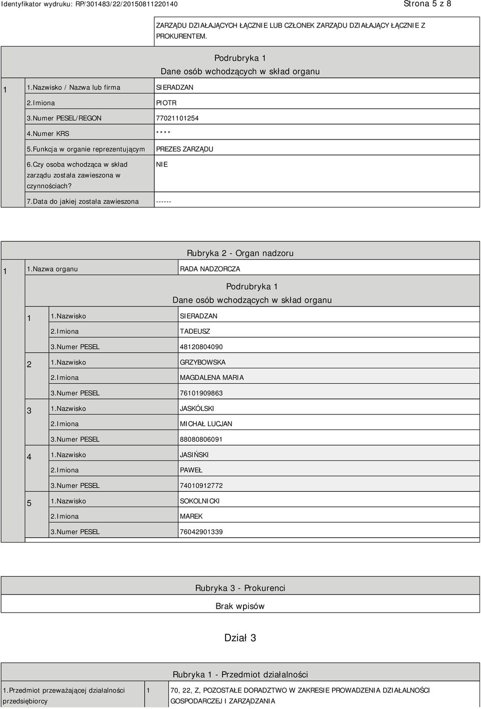 Data do jakiej została zawieszona ------ Rubryka 2 - Organ nadzoru 1 1.Nazwa organu RADA NADZORCZA Podrubryka 1 Dane osób wchodzących w skład organu 1 1.Nazwisko SIERADZAN TADEUSZ 3.