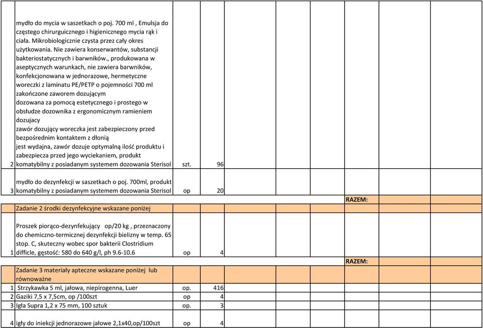 , produkowana w aseptycznych warunkach, nie zawiera barwników, konfekcjonowana w jednorazowe, hermetyczne woreczki z laminatu PE/PETP o pojemności 700 ml zakończone zaworem dozującym dozowana za