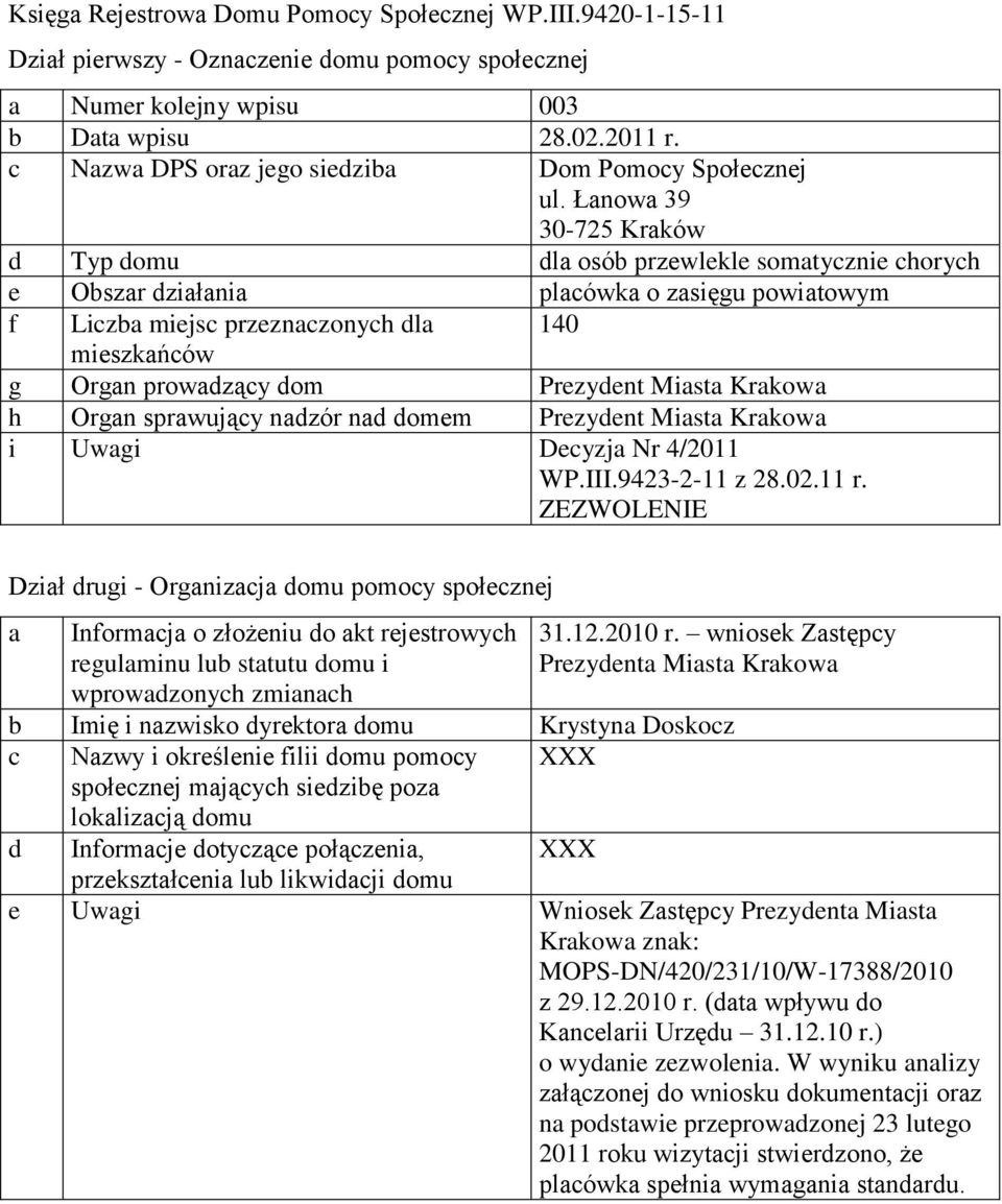 Prezydent Miasta Krakowa i Uwagi Decyzja Nr 4/2011 WP.III.9423-2-11 z 28.02.11 r. a Informacja o złożeniu do akt rejestrowych 31.12.2010 r.
