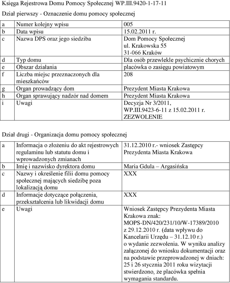 domem Prezydent Miasta Krakowa i Uwagi Decyzja Nr 3/2011, WP.III.9423-6-11 z 15.02.2011 r. a Informacja o złożeniu do akt rejestrowych 31.12.2010 r.