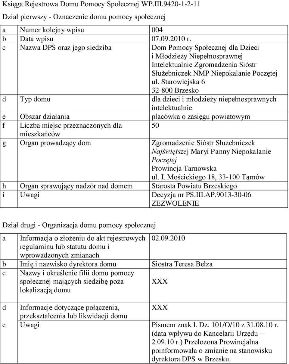 Starowiejska 6 32-800 Brzesko d Typ domu dla dzieci i młodzieży niepełnosprawnych intelektualnie f Liczba miejsc przeznaczonych dla 50 g Organ prowadzący dom Zgromadzenie Sióstr Służebniczek