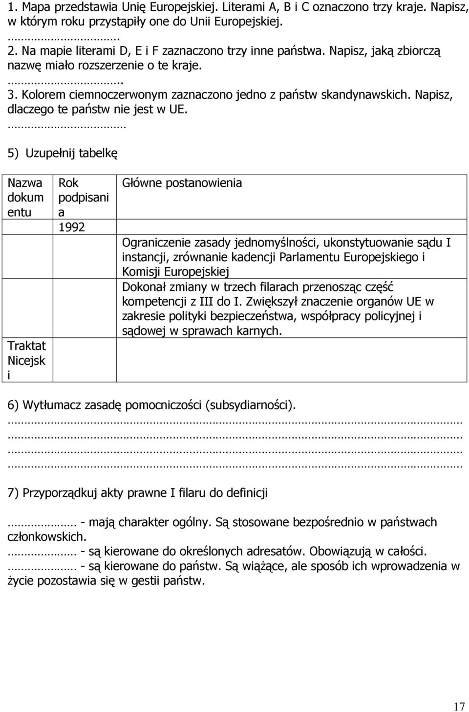 5) Uzupełnij tabelkę Nazwa dokum entu Traktat Nicejsk i Rok podpisani a 1992 Główne postanowienia Ograniczenie zasady jednomyślności, ukonstytuowanie sądu I instancji, zrównanie kadencji Parlamentu