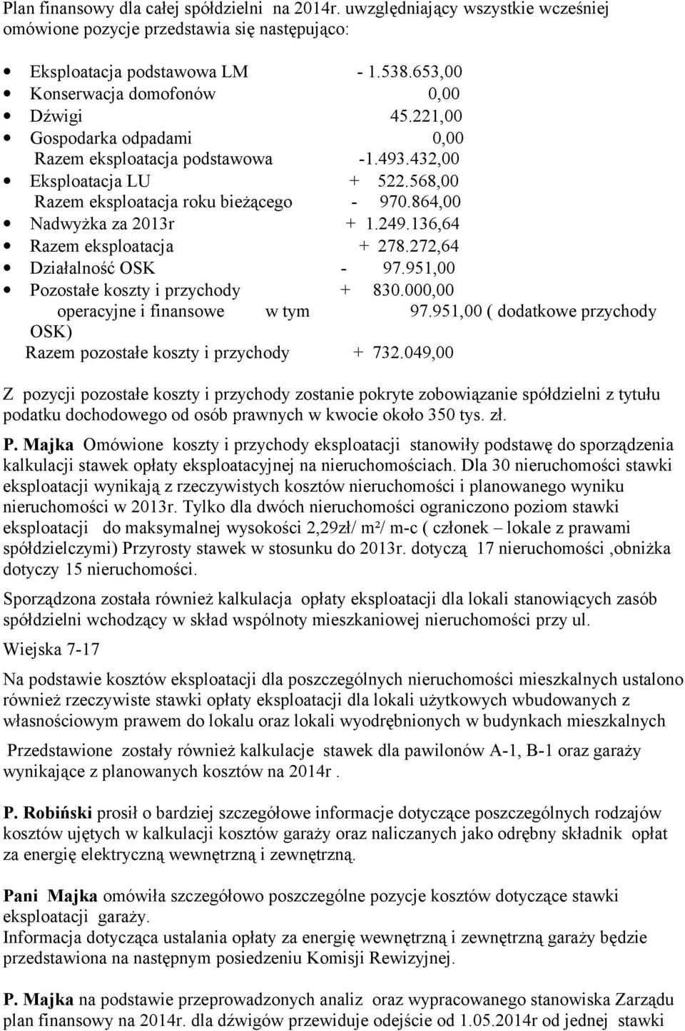 864,00 Nadwyżka za 2013r + 1.249.136,64 Razem eksploatacja + 278.272,64 Działalność OSK - 97.951,00 Pozostałe koszty i przychody + 830.000,00 operacyjne i finansowe w tym 97.