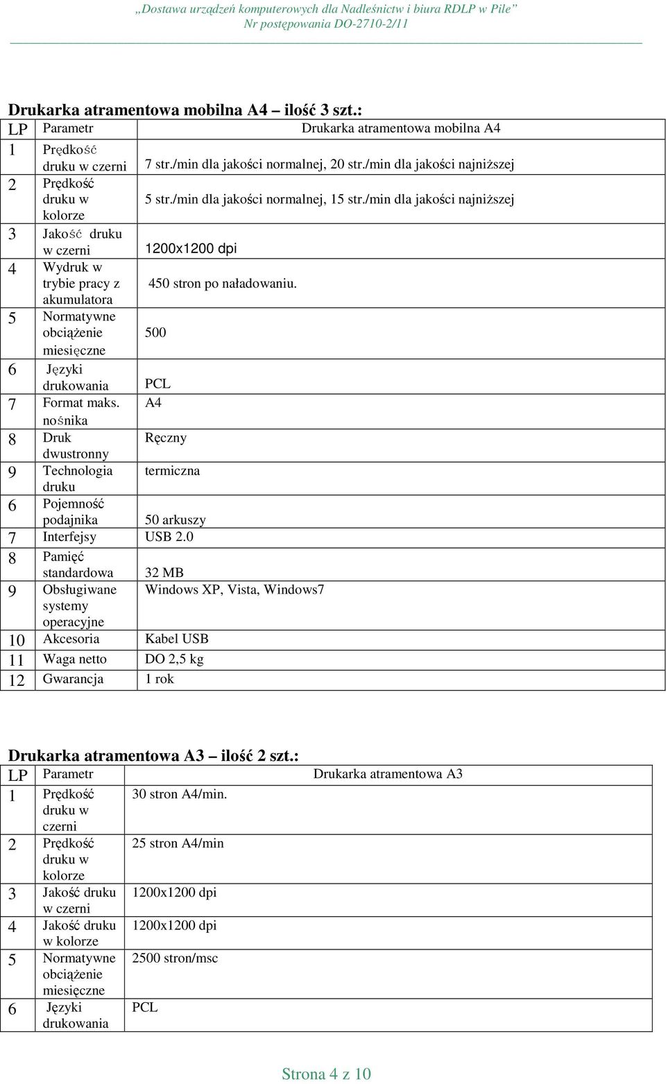 nośnika 8 Druk dwustronny 9 Technologia druku Drukarka atramentowa mobilna A4 7 str./min dla jakości normalnej, 20 str./min dla jakości najniŝszej 5 str./min dla jakości normalnej, 15 str.