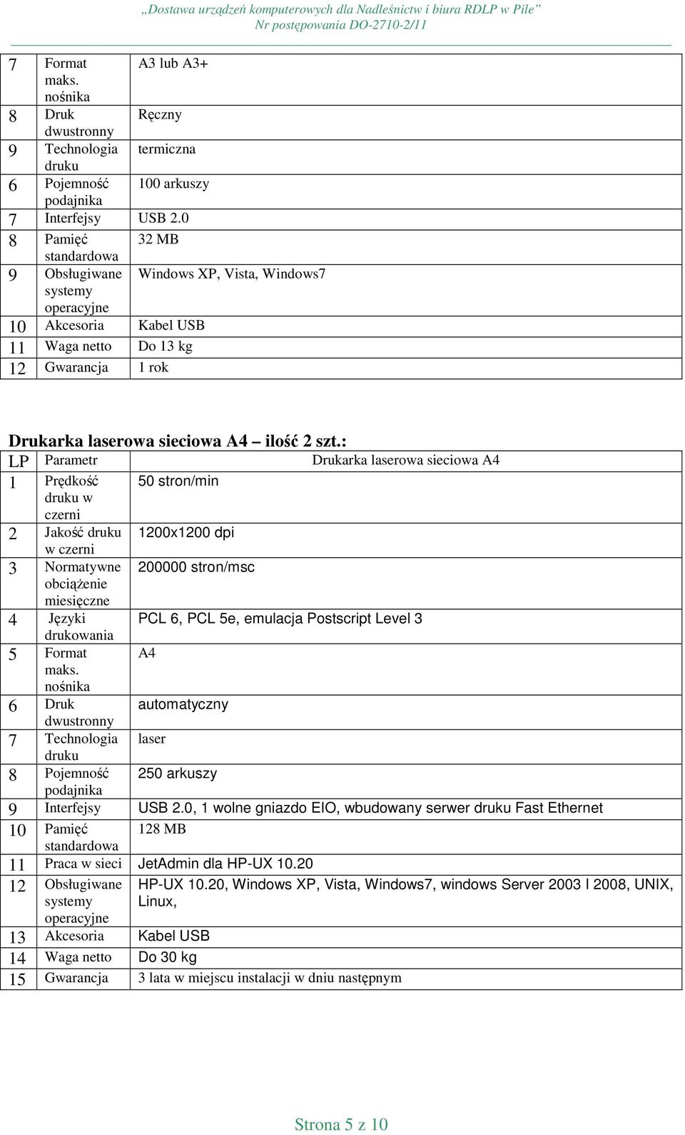 ilość 2 szt.: LP Parametr 1 Prędkość czerni 2 Jakość druku w czerni 3 Normatywne obciąŝenie miesięczne 4 Języki drukowania 5 Format maks.