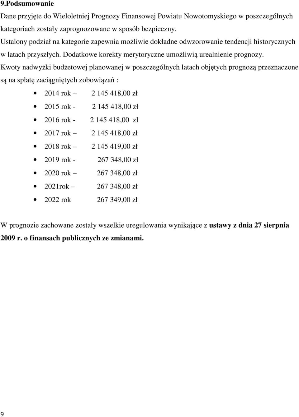 Kwoty nadwyżki budżetowej planowanej w poszczególnych latach objętych prognozą przeznaczone są na spłatę zaciągniętych zobowiązań : 2014 rok 2 145 418,00 zł 2015 rok - 2 145 418,00 zł 2016 rok - 2