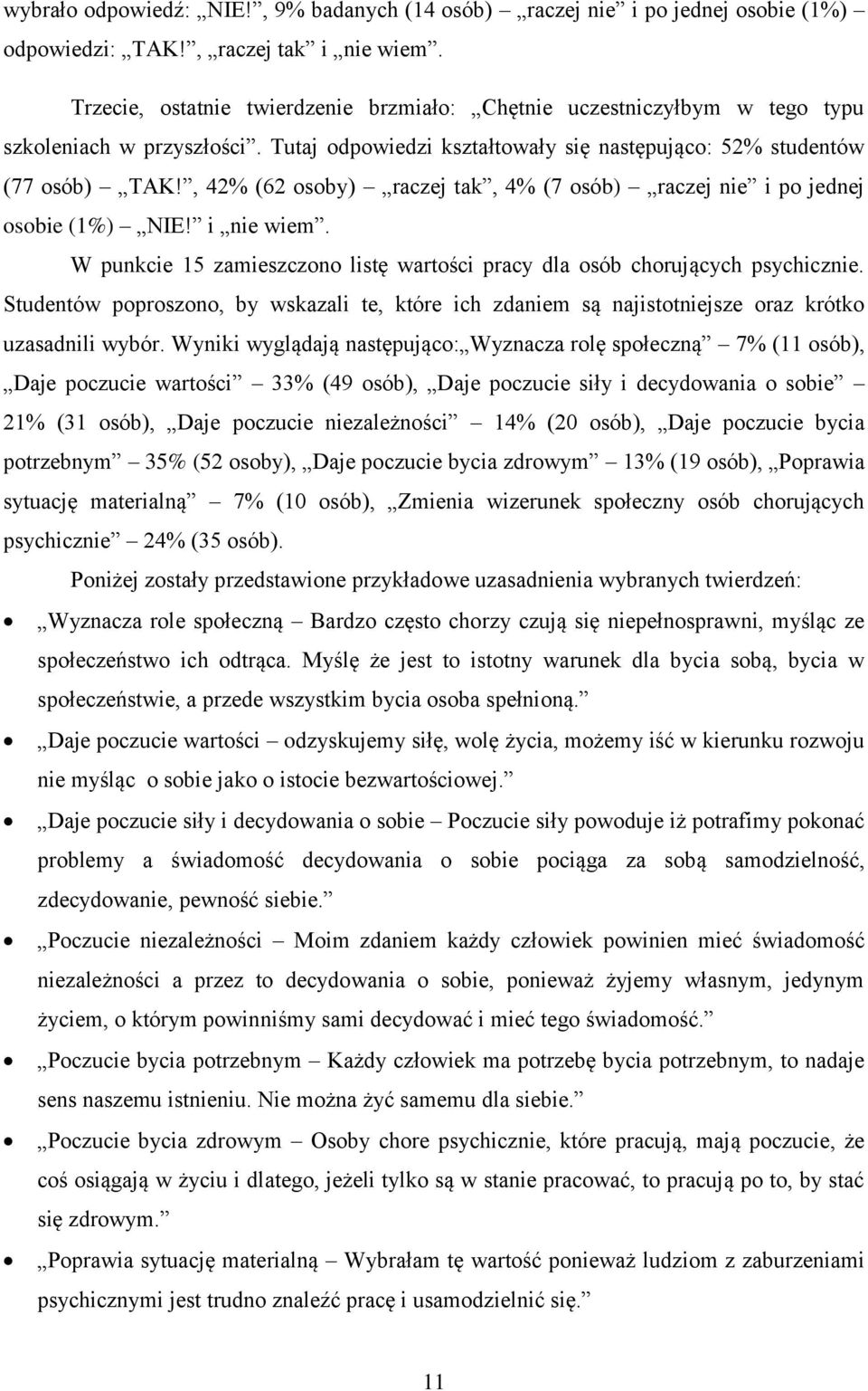 , 42% (62 osoby) raczej tak, 4% (7 osób) raczej nie i po jednej osobie (1%) NIE! i nie wiem. W punkcie 15 zamieszczono listę wartości pracy dla osób chorujących psychicznie.