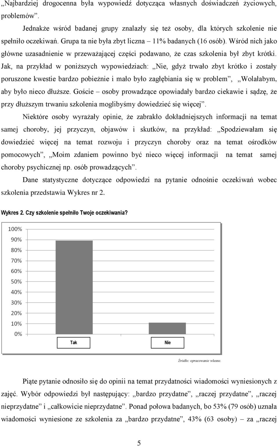 Jak, na przykład w poniższych wypowiedziach: Nie, gdyż trwało zbyt krótko i zostały poruszone kwestie bardzo pobieżnie i mało było zagłębiania się w problem, Wolałabym, aby było nieco dłuższe.