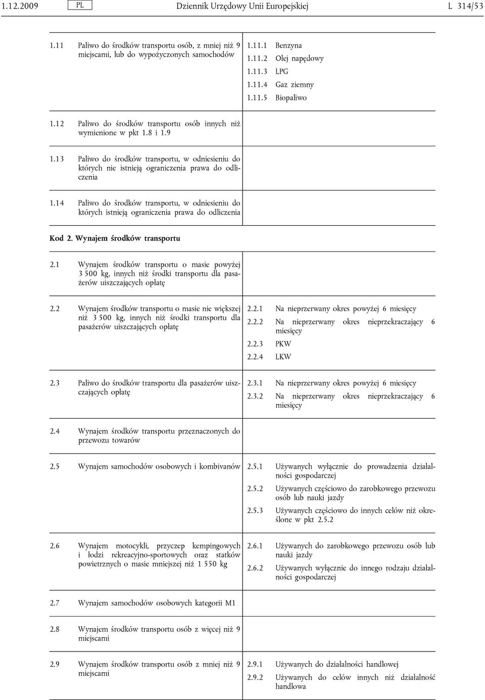 13 Paliwo do środków transportu, w odniesieniu do których nie istnieją ograniczenia prawa do odliczenia 1.