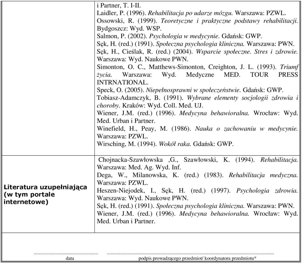 Medyczne MED. TOUR PRESS INTRNATIONAL. Speck, O. (2005). Niepełnosprawni w społeczeństwie. Gdańsk: GWP. Tobiasz-Adamczyk, B. (1991). Wybrane elementy socjologii zdrowia i choroby. Kraków: Wyd. Coll.