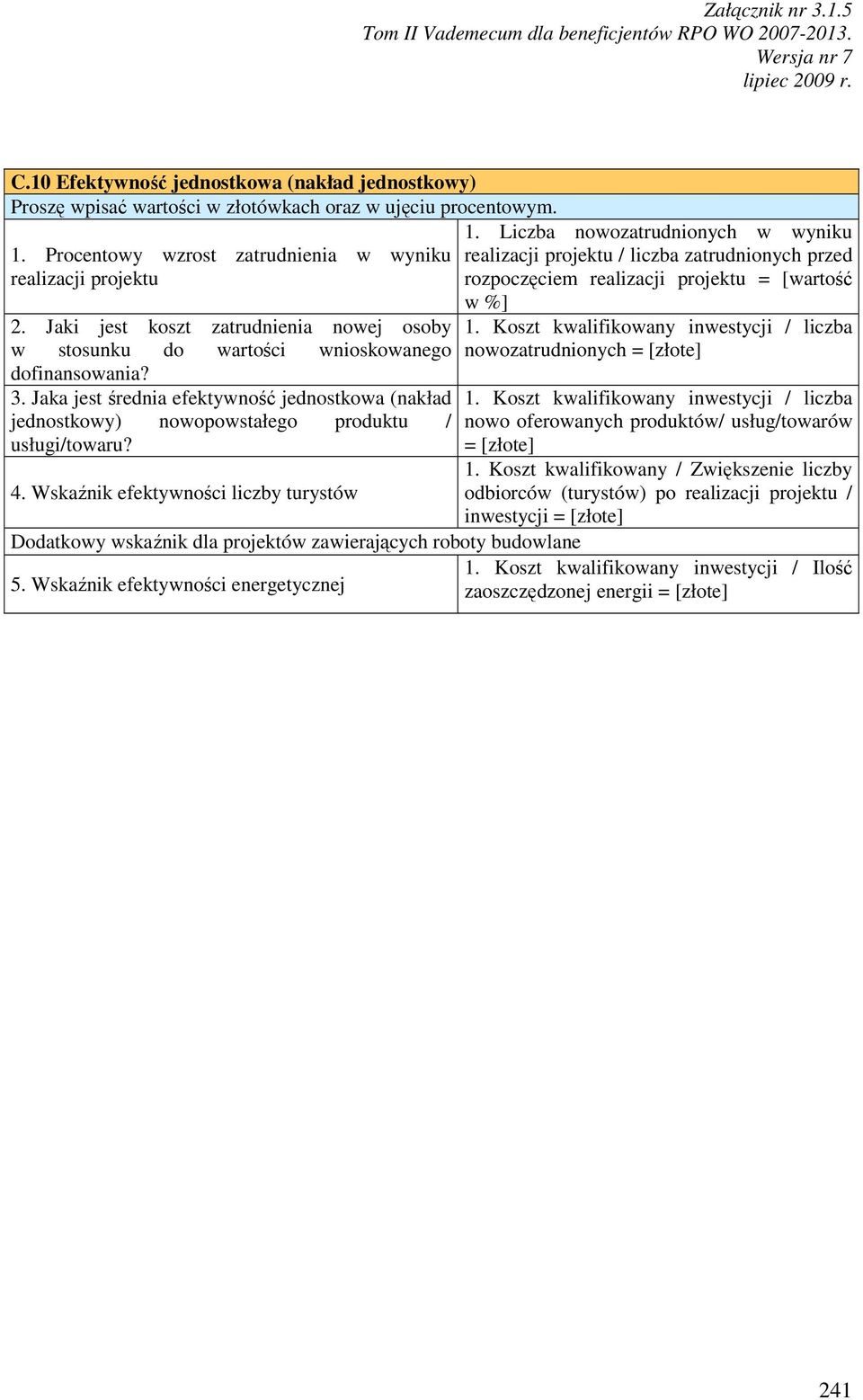 4. Wskaźnik efektywności liczby turystów Dodatkowy wskaźnik dla projektów zawierających roboty budowlane 5. Wskaźnik efektywności energetycznej 1.