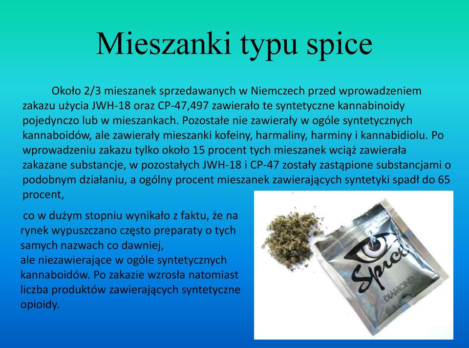 Po wprowadzeniu zakazu tylko około 15 procent tych mieszanek wciąż zawierała zakazane substancje, w pozostałych JWH-18 i CP-47 zostały zastąpione substancjami o podobnym działaniu, a ogólny procent