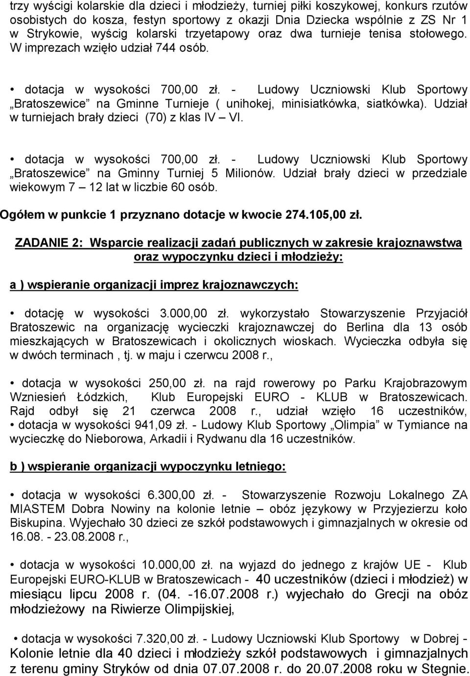 - Ludowy Uczniowski Klub Sportowy Bratoszewice na Gminne Turnieje ( unihokej, minisiatkówka, siatkówka). Udział w turniejach brały dzieci (70) z klas IV VI. dotacja w wysokości 700,00 zł.