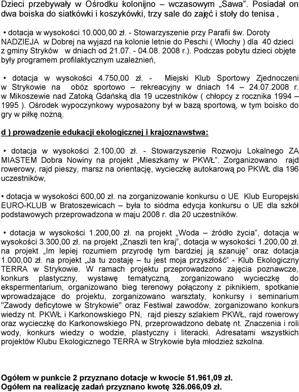 dla 40 dzieci z gminy Stryków w dniach od 21.07. - 04.08. 2008 r.). Podczas pobytu dzieci objęte były programem profilaktycznym uzależnień, dotacja w wysokości 4.750,00 zł.