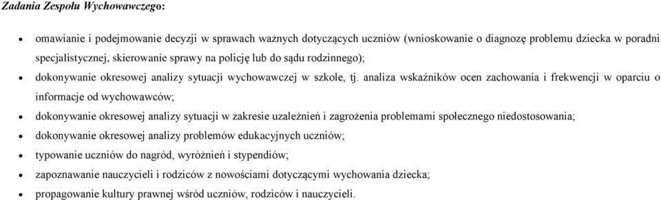 analiza wskaźników ocen zachowania i frekwencji w oparciu o informacje od wychowawców; dokonywanie okresowej analizy sytuacji w zakresie uzależnień i zagrożenia problemami społecznego