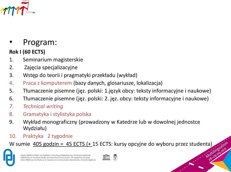 Tłumaczenie pisemne (jęz. polski: 2. jęz. obcy: teksty informacyjne i naukowe) 7. Technical writing 8. Gramatyka i stylistyka polska 9.