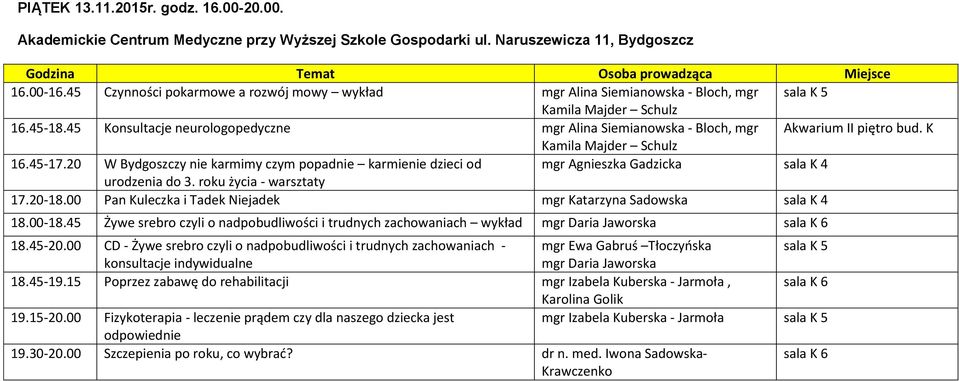 K Kamila Majder Schulz 16.45-17.20 W Bydgoszczy nie karmimy czym popadnie karmienie dzieci od mgr Agnieszka Gadzicka sala K 4 urodzenia do 3. roku życia - warsztaty 17.20-18.