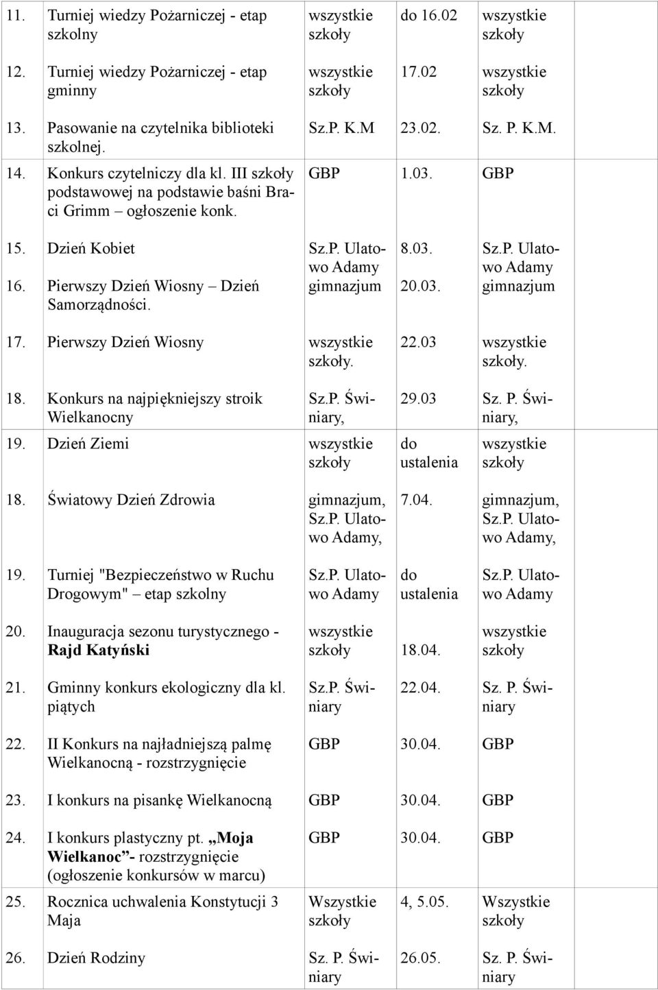 Konkurs na najpiękniejszy stroik Wielkanocny Sz.P. Świniary, 29.03, 19. Dzień Ziemi do 18. Światowy Dzień Zdrowia, 7.04., 19. Turniej "Bezpieczeństwo w Ruchu Drogowym" etap szkolny do 20.