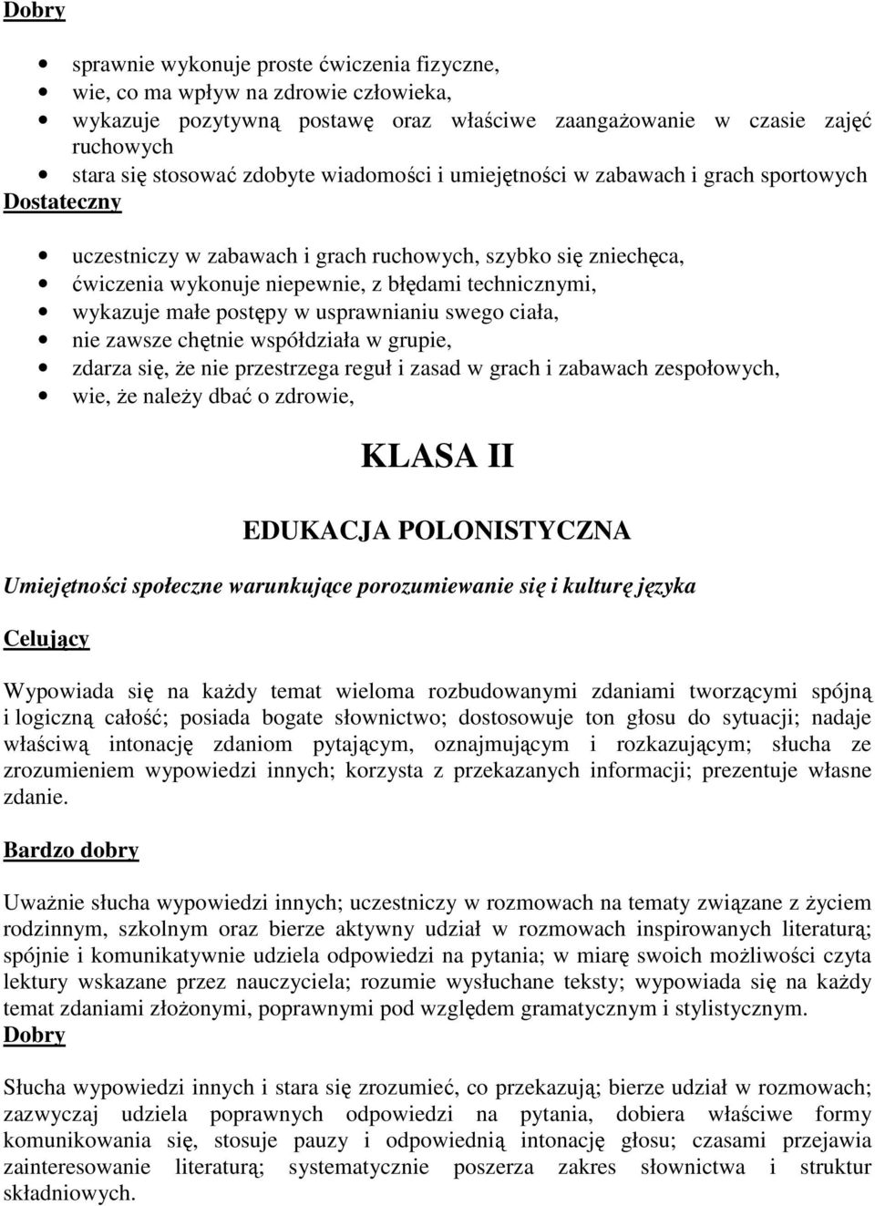 usprawnianiu swego ciała, nie zawsze chętnie współdziała w grupie, zdarza się, Ŝe nie przestrzega reguł i zasad w grach i zabawach zespołowych, wie, Ŝe naleŝy dbać o zdrowie, KLASA II EDUKACJA