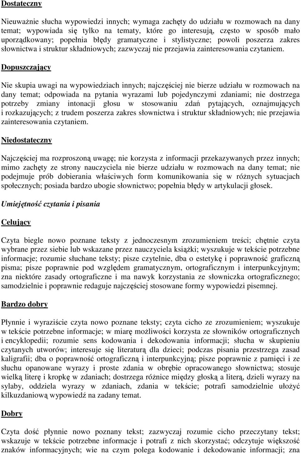Dopuszczający Nie skupia uwagi na wypowiedziach innych; najczęściej nie bierze udziału w rozmowach na dany temat; odpowiada na pytania wyrazami lub pojedynczymi zdaniami; nie dostrzega potrzeby
