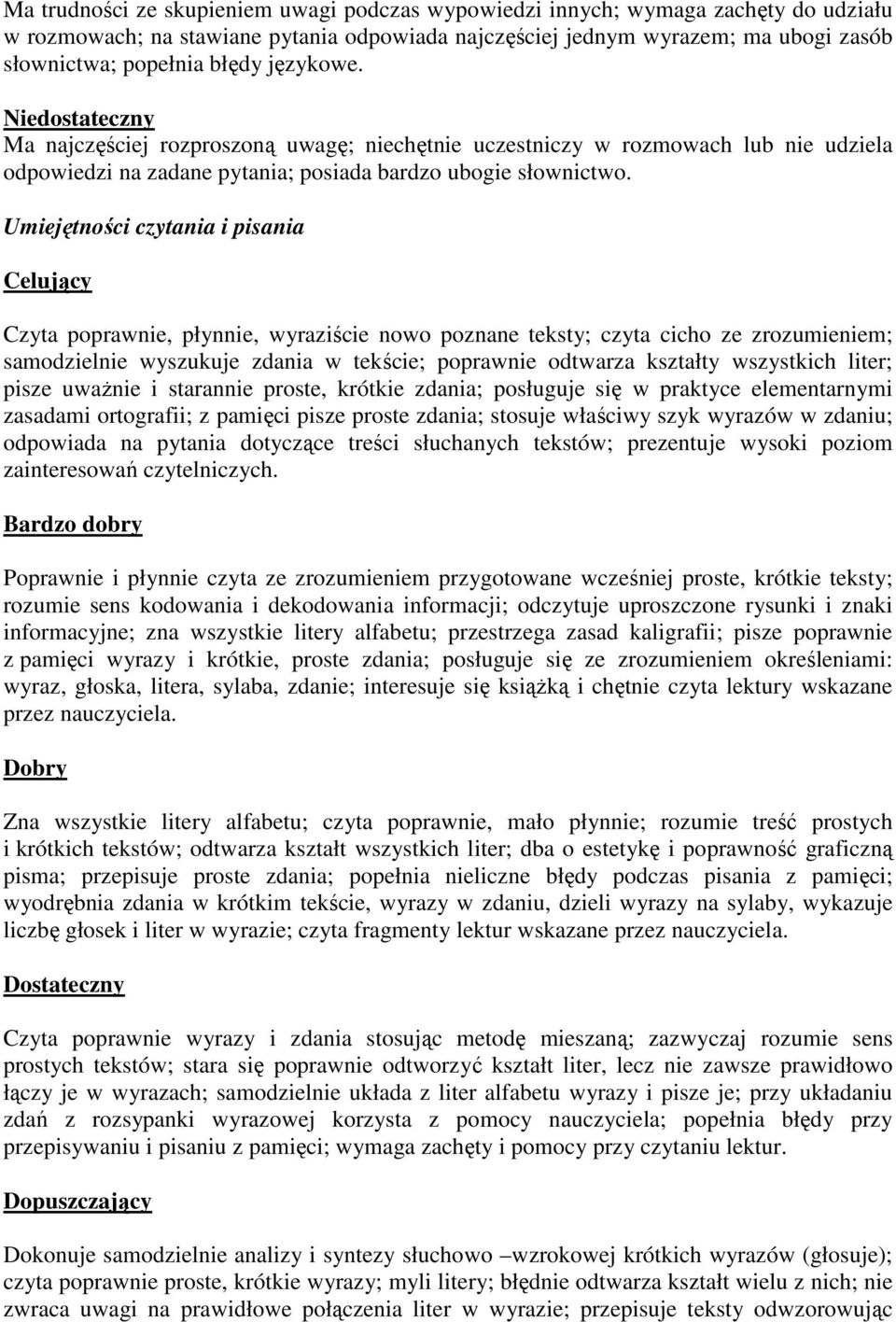 Umiejętności czytania i pisania Czyta poprawnie, płynnie, wyraziście nowo poznane teksty; czyta cicho ze zrozumieniem; samodzielnie wyszukuje zdania w tekście; poprawnie odtwarza kształty wszystkich