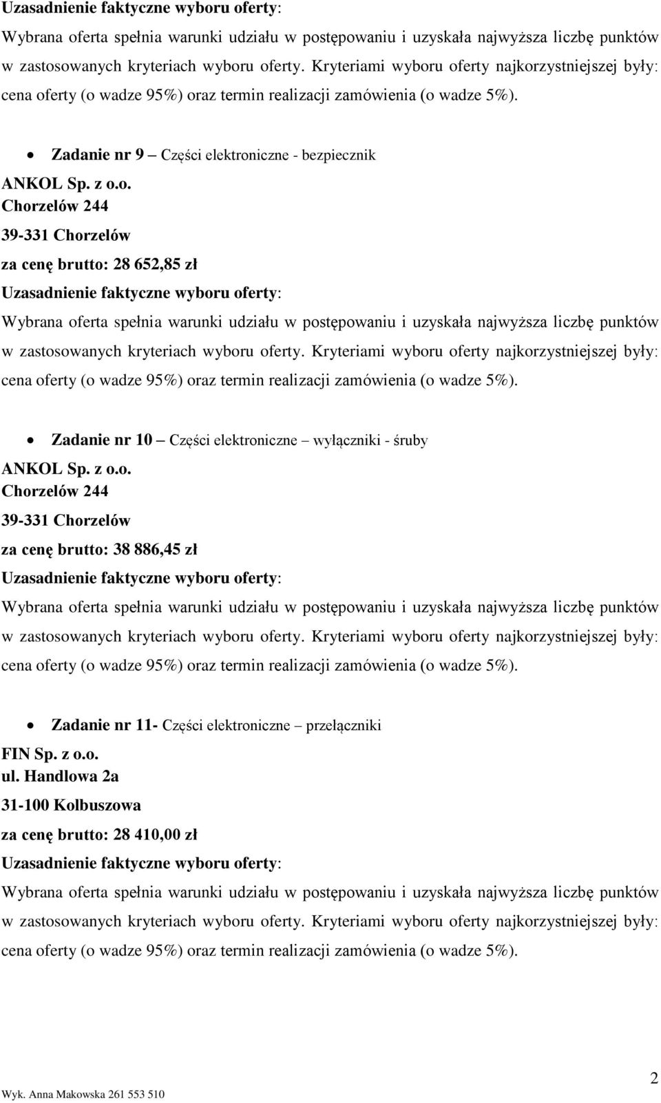 wyłączniki - śruby za cenę brutto: 8 886,45 zł Zadanie nr -