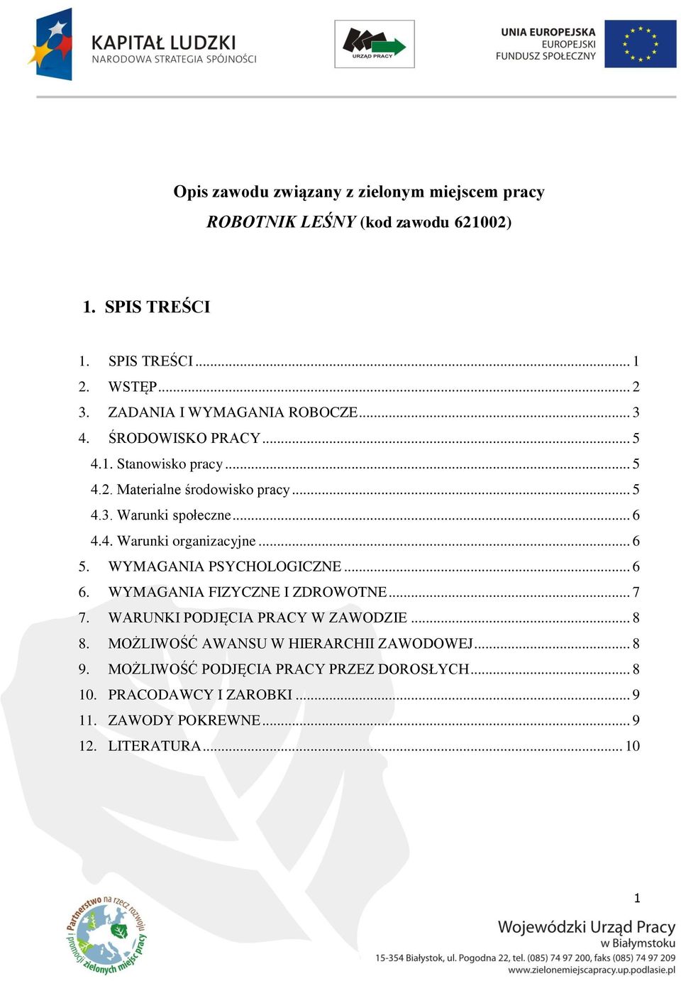 4. Warunki organizacyjne... 6 5. WYMAGANIA PSYCHOLOGICZNE... 6 6. WYMAGANIA FIZYCZNE I ZDROWOTNE... 7 7. WARUNKI PODJĘCIA PRACY W ZAWODZIE... 8 8.