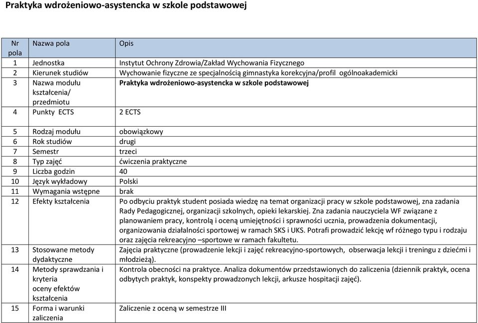 studiów drugi 7 Semestr trzeci 8 Typ zajęć ćwiczenia praktyczne 9 Liczba godzin 40 10 Język wykładowy Polski 11 Wymagania wstępne brak 12 Efekty kształcenia Po odbyciu praktyk student posiada wiedzę